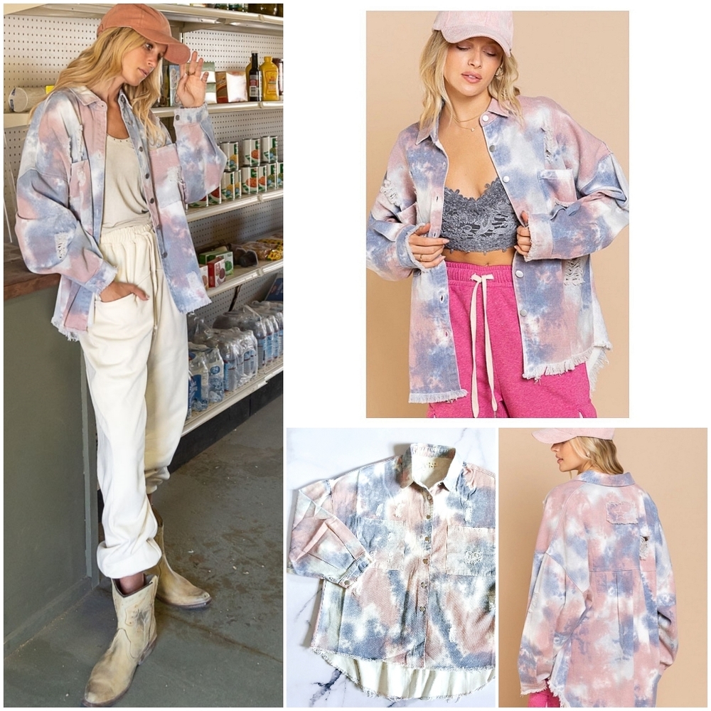 POL Distressed Shirt Jacket Shacket in Pink Tie Dye
